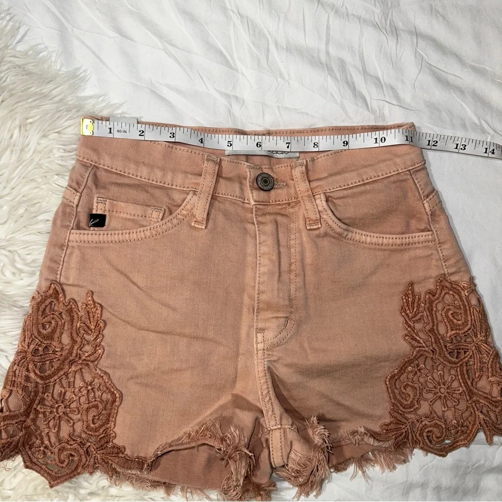 KanCan (Buckle) | Kaimi High Rise Pink Denim Shorts Crochet Lace Frayed Hem 23